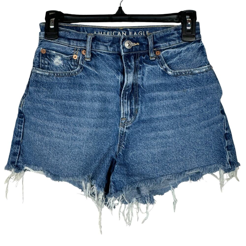 American Eagle SZ 2 Highest Rise 90s Boyfriend Jean Shorts Frayed Hems Whiskered